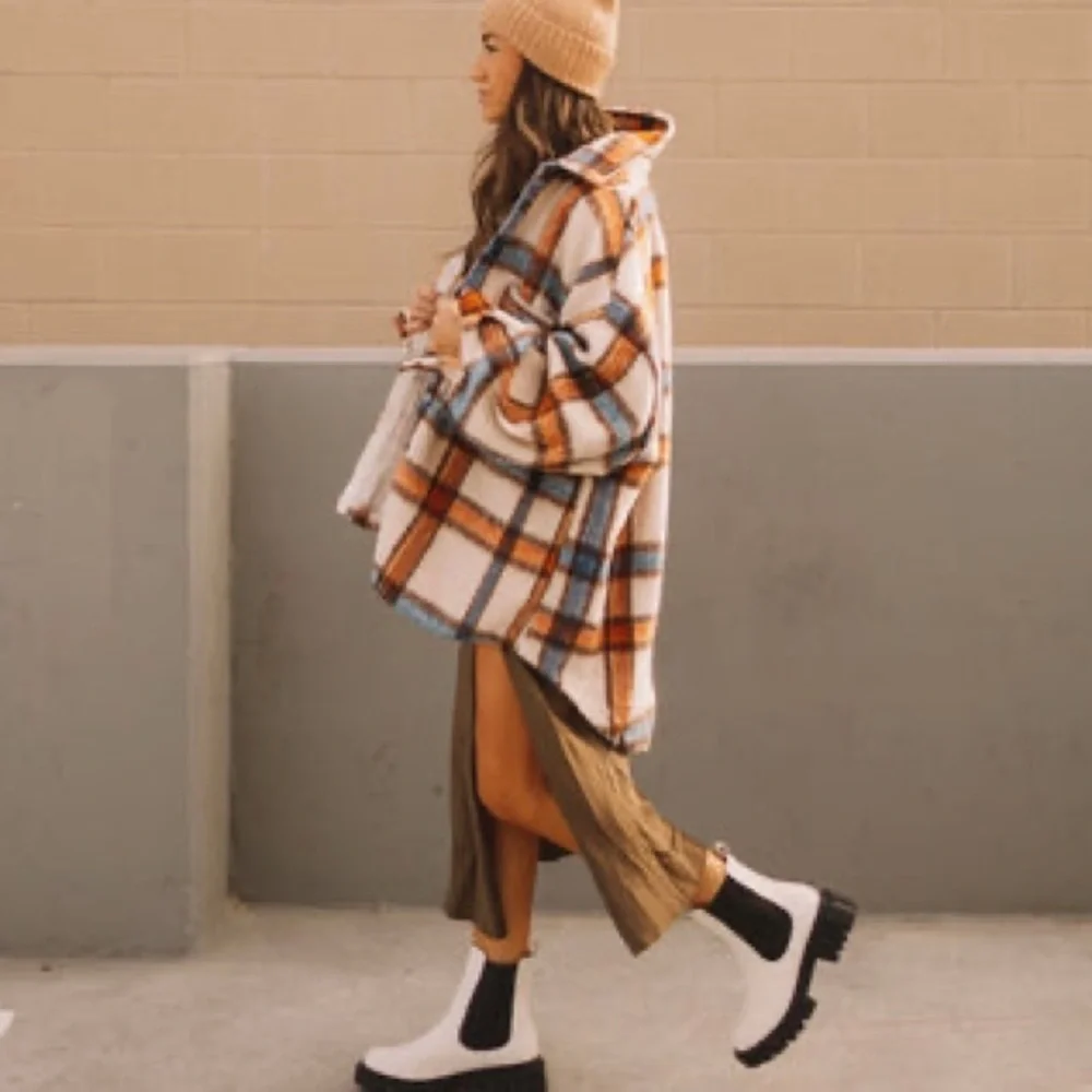 Cream Plaid Shacket Jacket Oversized Relaxed Fit - Picture 3 of 12